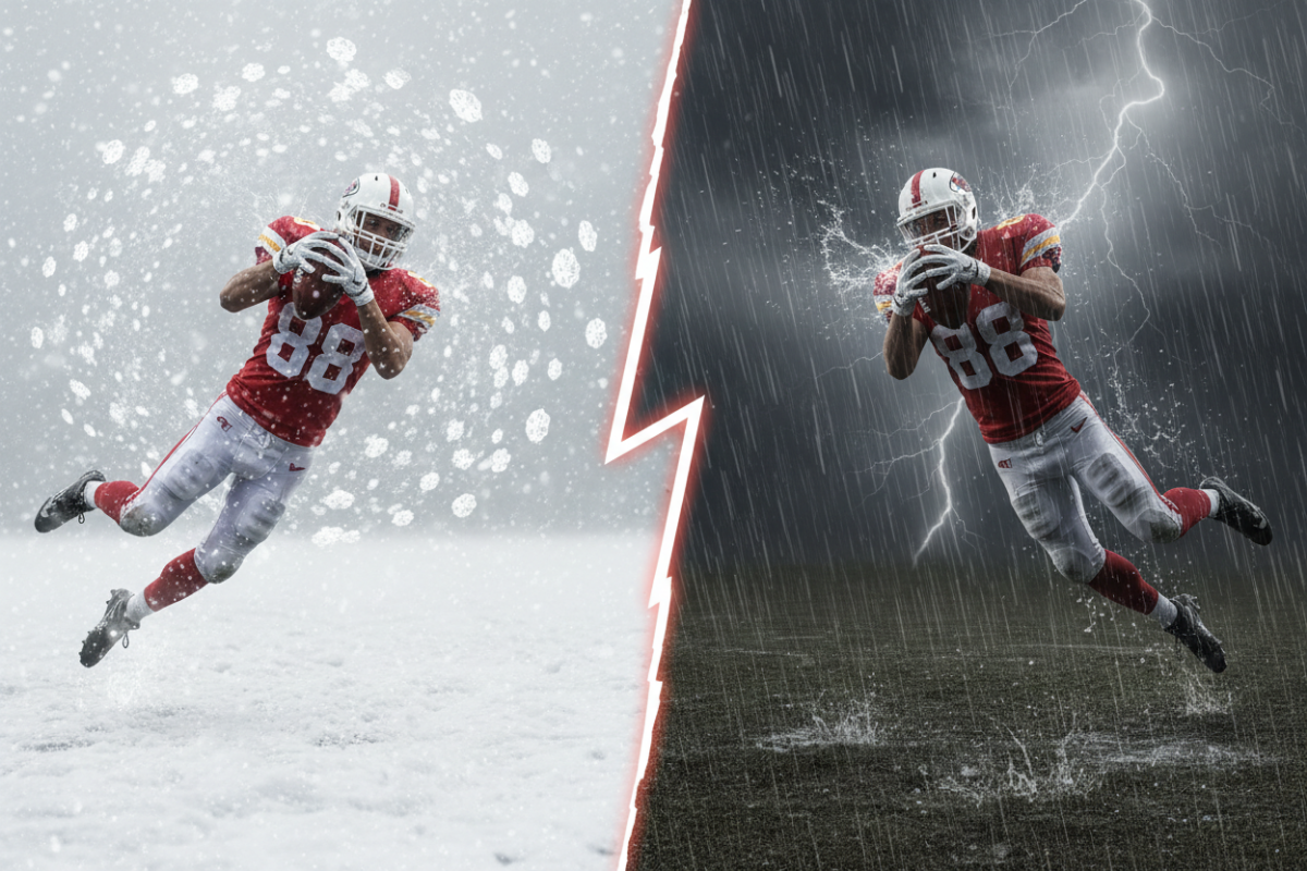 wide receivers catching a football, one side he is in the snow and other side he is in the rain